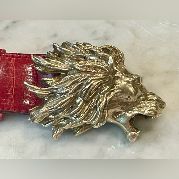 Ostrich Skin belt with Gold Lion Buckle, red, 31”L, EUC - Picture 6 of 12